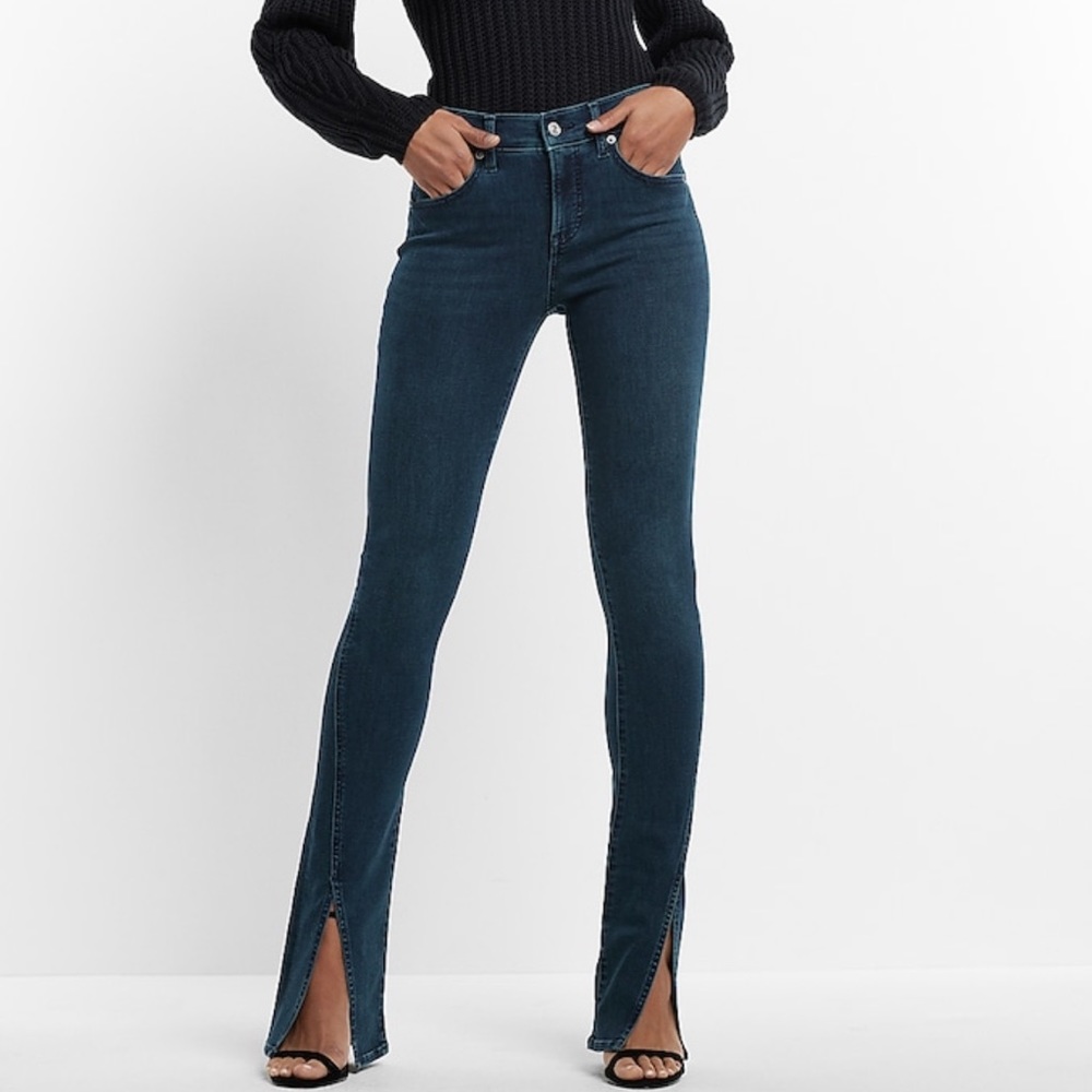 Express Skyscraper Dark Wash Front Vent Stretch Jeans Pants Size 4 Mid Rise